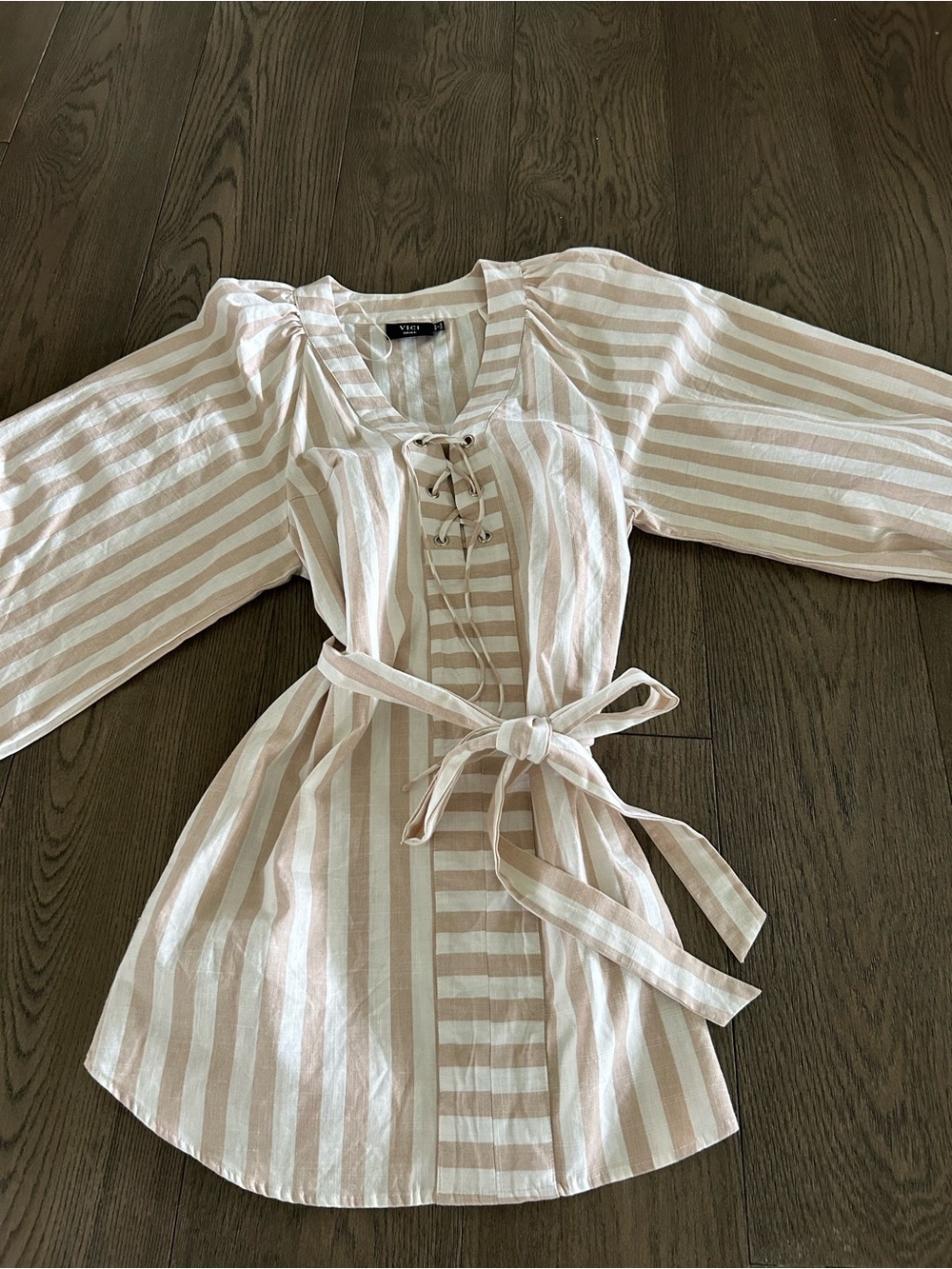 Vici Beige & White Striped Balloon Sleeves, Lace-Up Tie-Waist Casual Dress